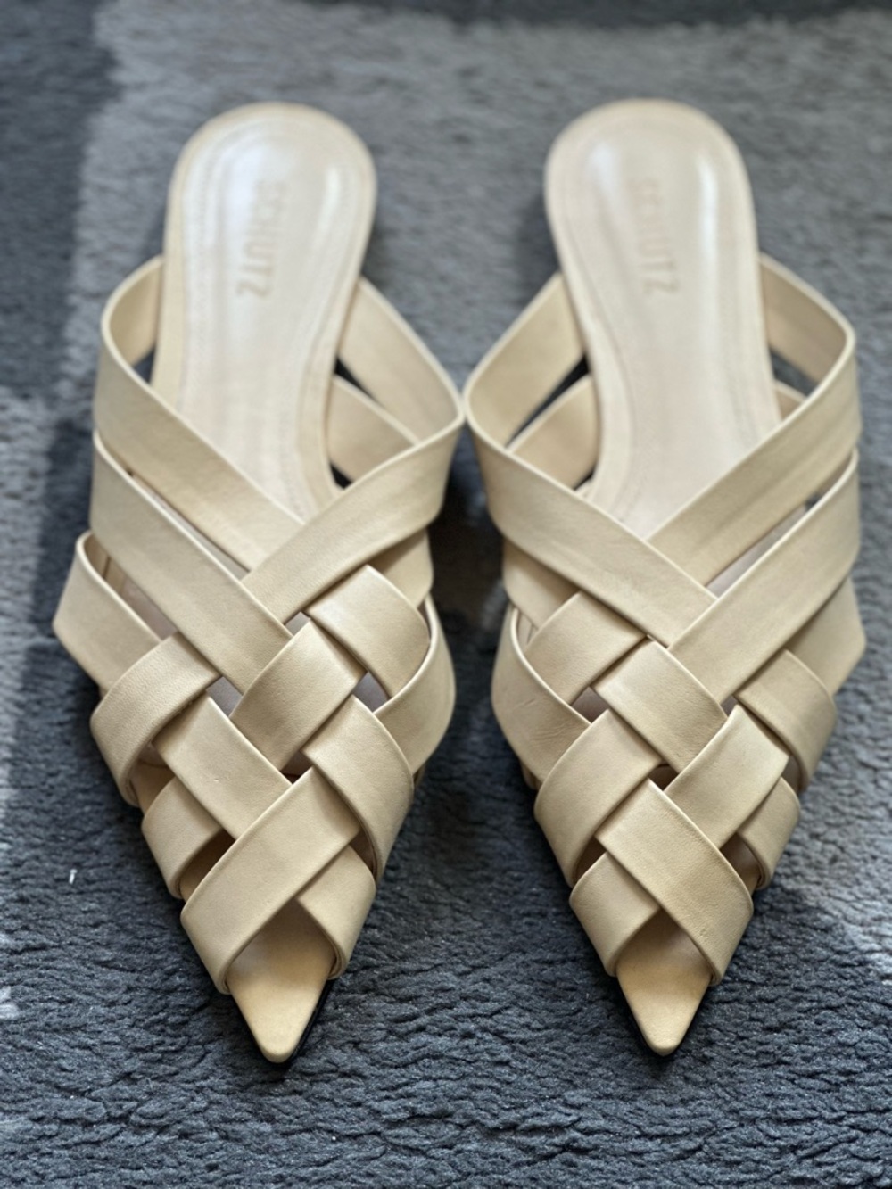 SCHUTZ Cream Woven Pointed-Toe Mules